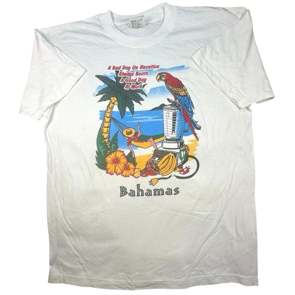 Bahamas Vacation Graphic T-Shirt Cotton Beach Parrot L